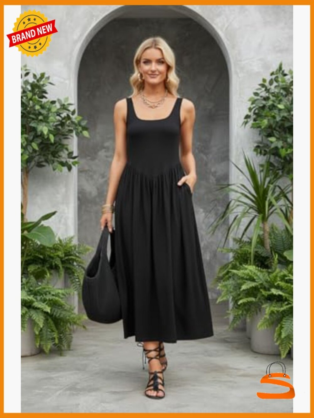 Women's Maxi Dress Square Neck Sleeveless A-Line Knit Sundress with Pockets - Picture 4 of 7
